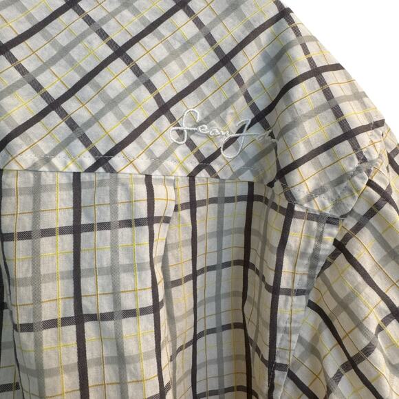 Sean John Shirt Men's XXL Beige/Black Plaid Short Sleeve Button Down Collared - Picture 7 of 9